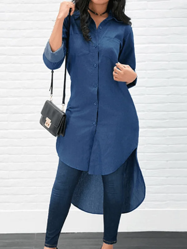 Long Sleeve Solid Color High-Low Hem Denim Shirt Dress