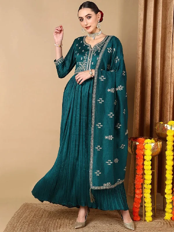 Ahika Women Teal Silk Blend Solid Embroidered Kurta Trouser With Dupatta