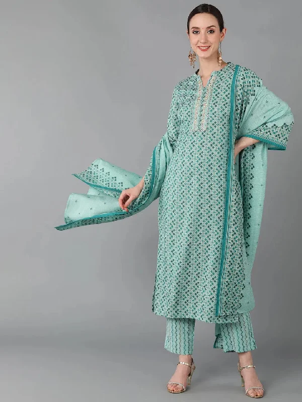 Ahika Women Sea Green Poly Silk Embroidered Straight Kurta Pant Set With Dupatta