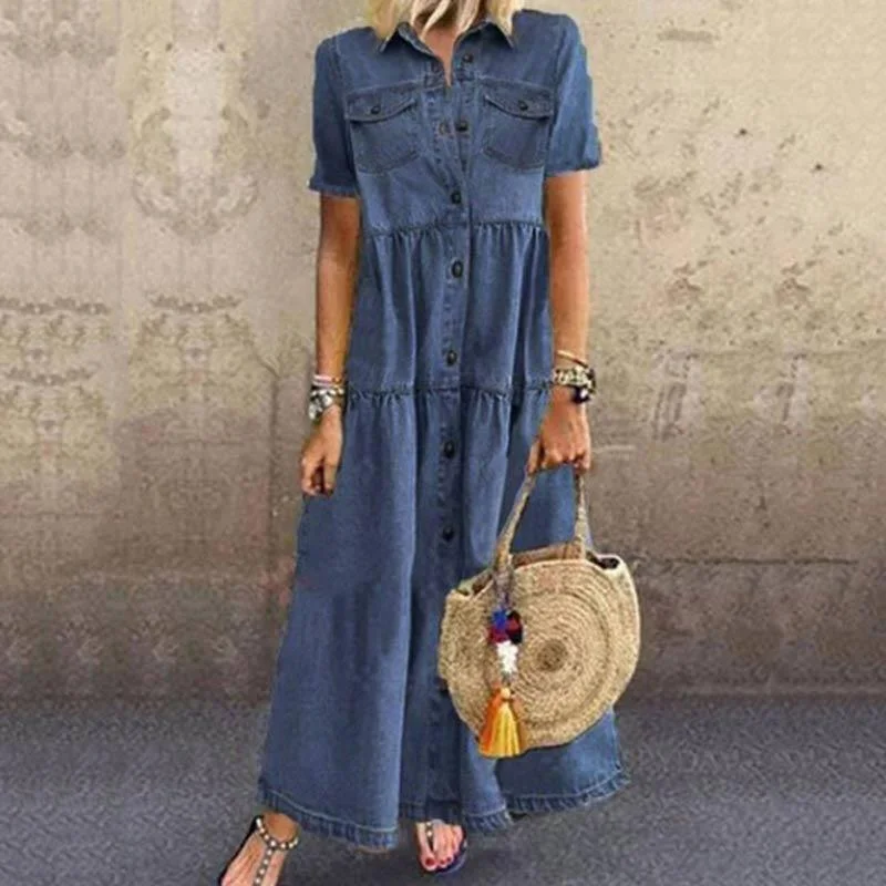 Denim style long multi-buckle distressed dress