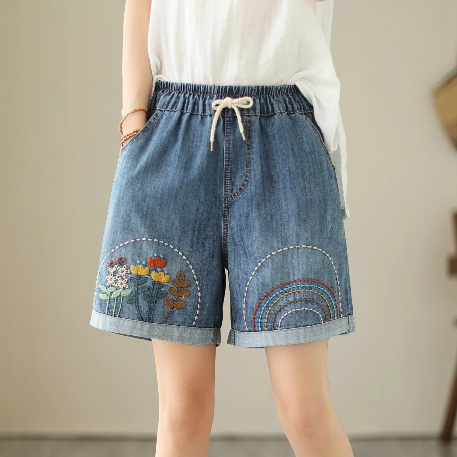 Floral Embroidered Denim Harem Shorts