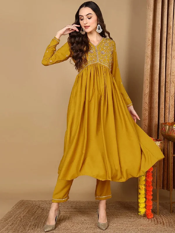 Ahika Women Yellow Silk Blend Solid Embroidered Anarkali Kurta Trouser With Dupatta