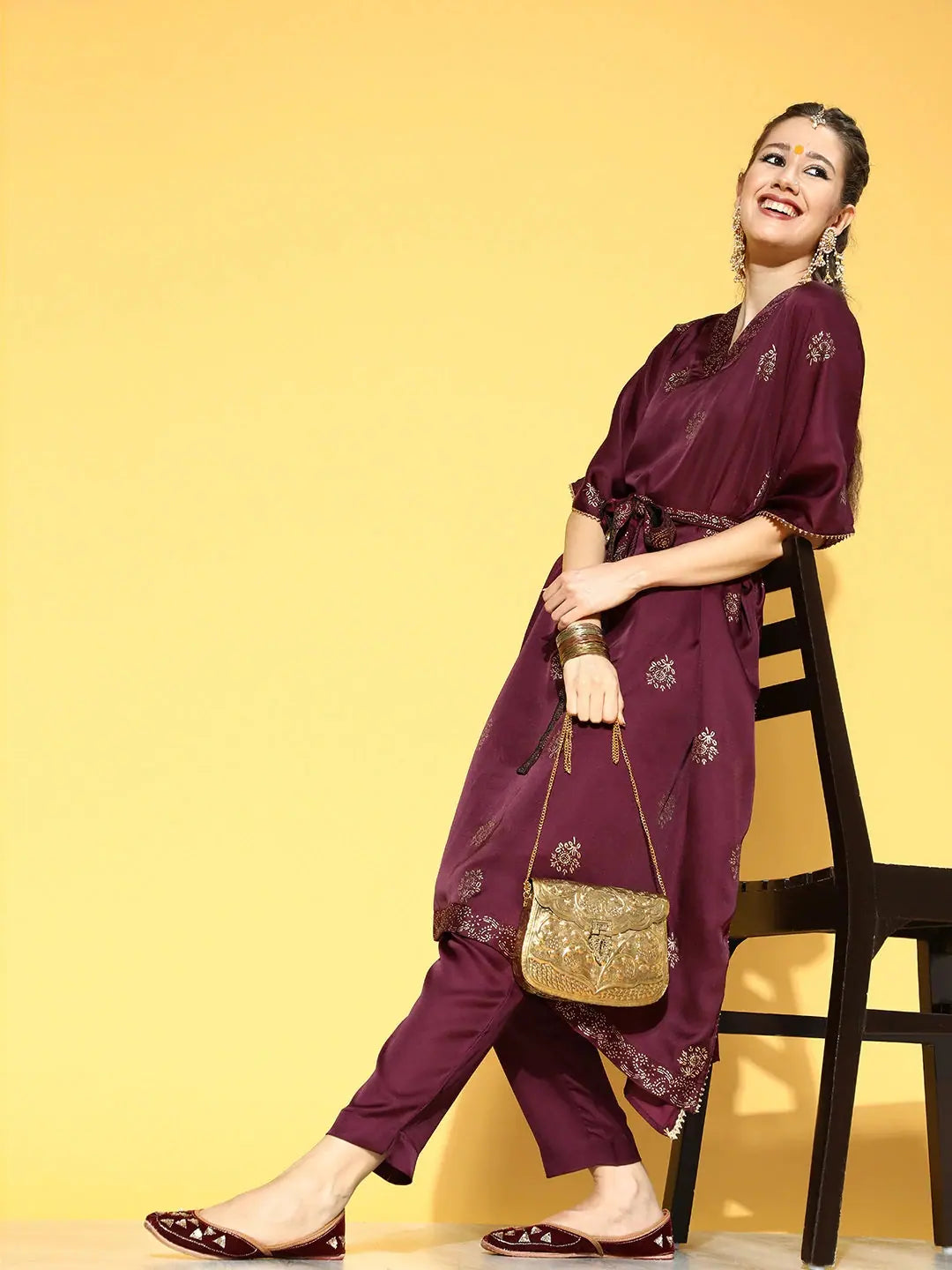 Ahika Deep Burgundy Woven Design Kurta with Solid Palazzos