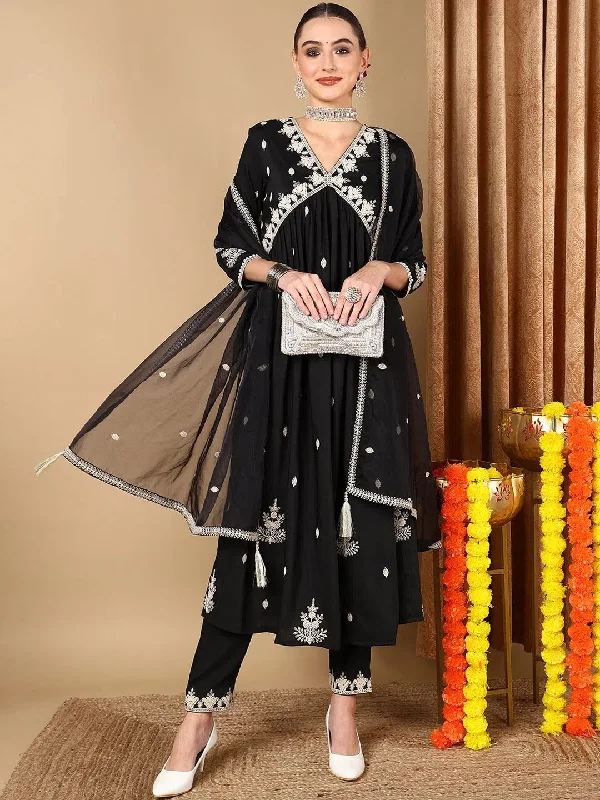 Ahika Women Black Silk Blend Solid Embroidered Kurta Trouser With Dupatta