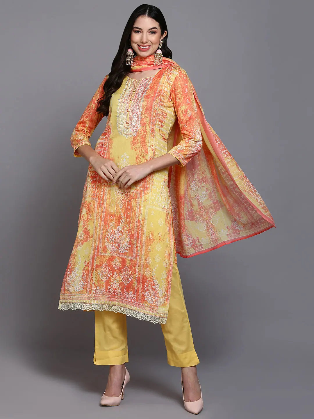 Cotton Yellow Printed Straight Kurta Pant With-VKSKD1916_XS