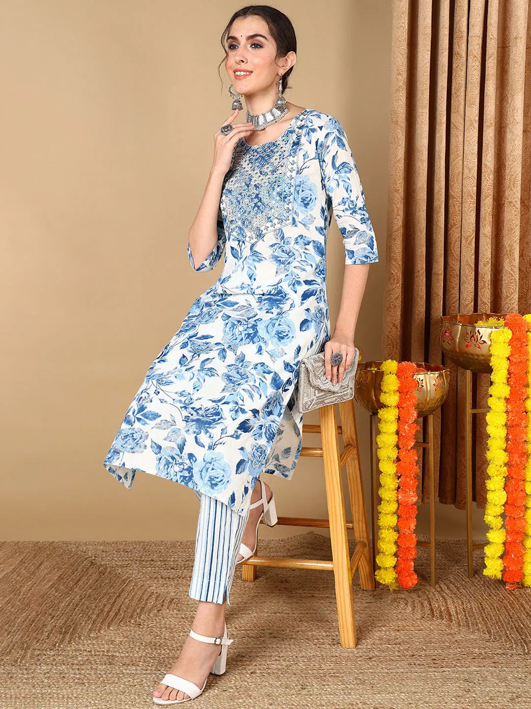 Ahika Women Blue Cotton Blend Floral Printed Mirror Work Straight Kurta With Trousers