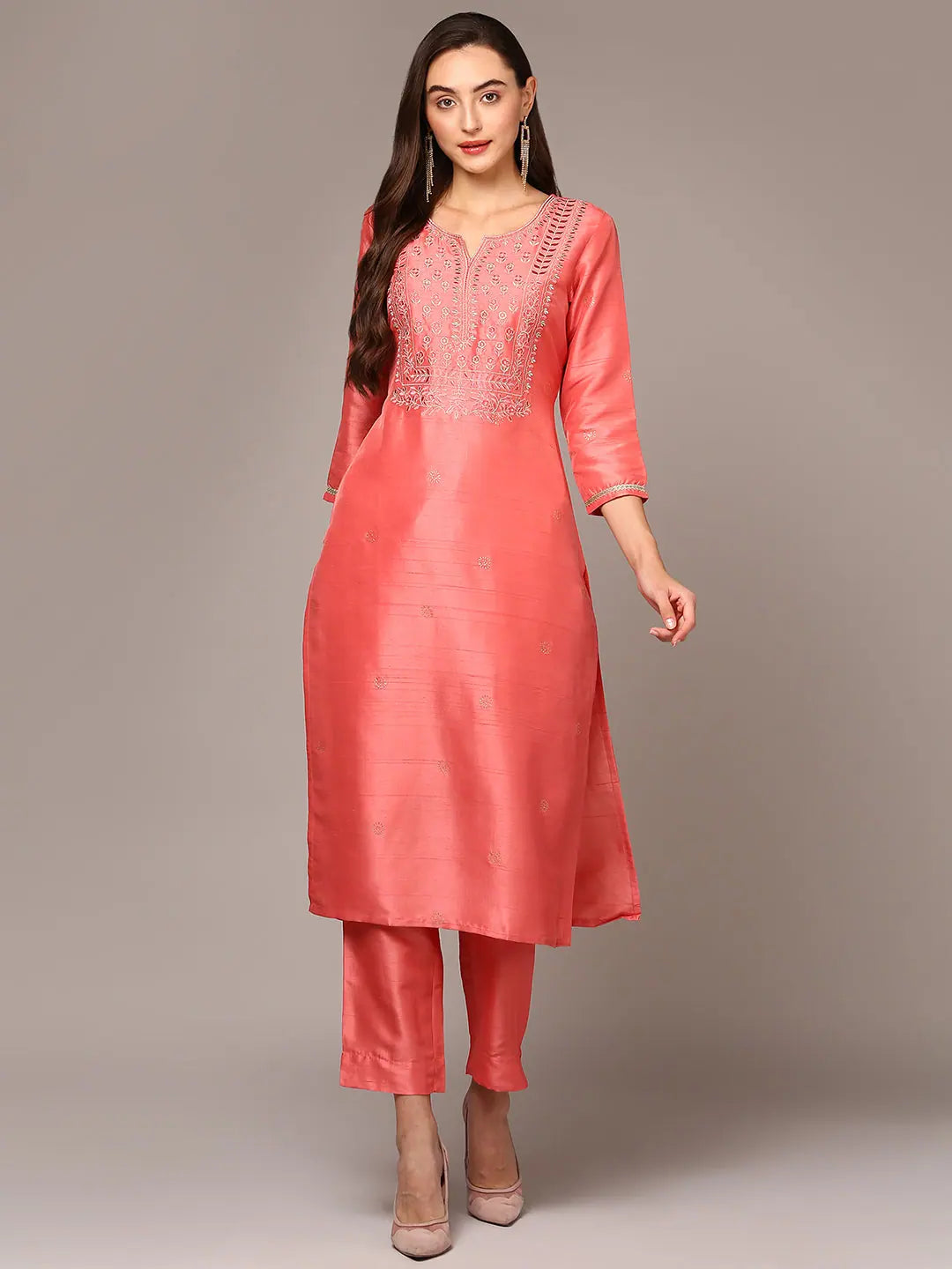 Ahika Women Silk Blend Pink Embroidered Straight Kurta With Trouser VKSET1479