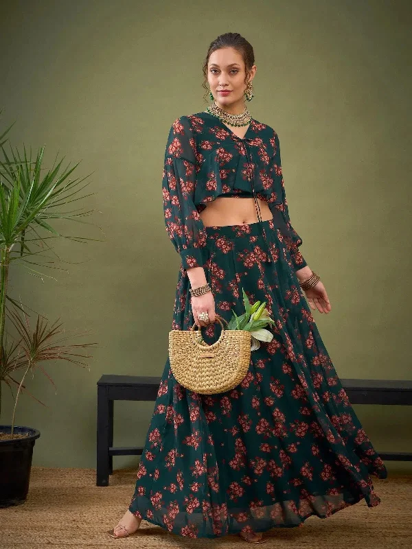 Women Green Floral Anarkali Skirt With Peplum Crop Top