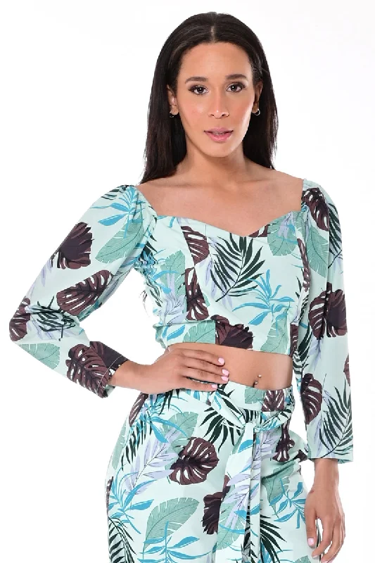 Long Sleeve Tropical Print Sweat Heart Neck Top