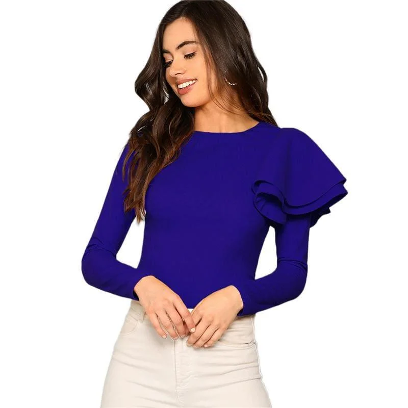 Blue Long Sleeve Office Ladies Zip Back Ruffle One Sleeve Blouse