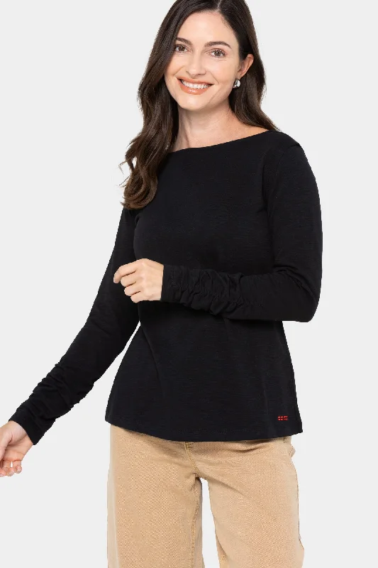 Boatneck Long Sleeve Tee with Sleeve Ruching