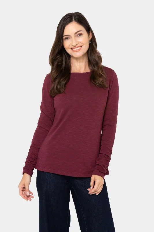 Boatneck Long Sleeve Tee with Sleeve Ruching