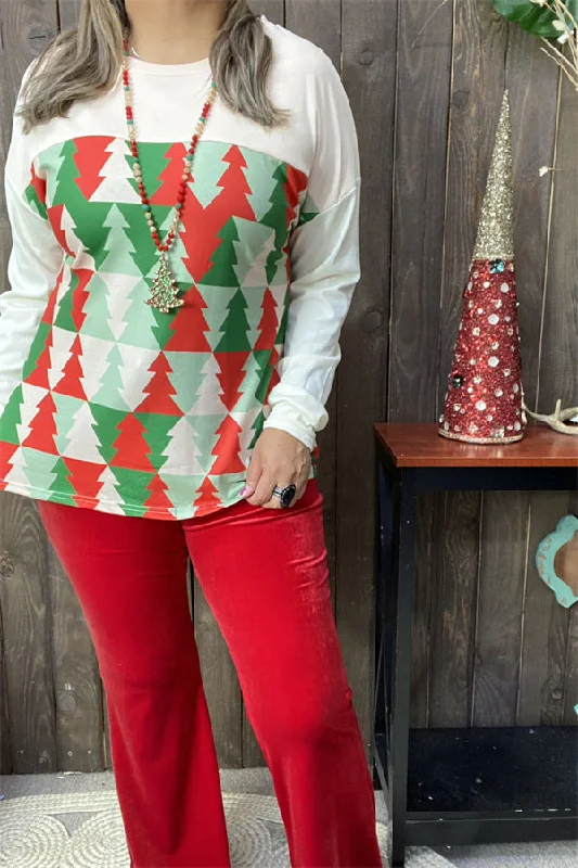 BQ15418 Red/green Christmas tree printed drop shoulder long sleeve women tops