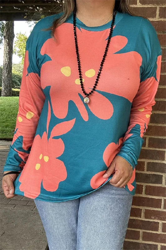 BQ15645 Coral/yellow floral printed long sleeve  turquoise women tops