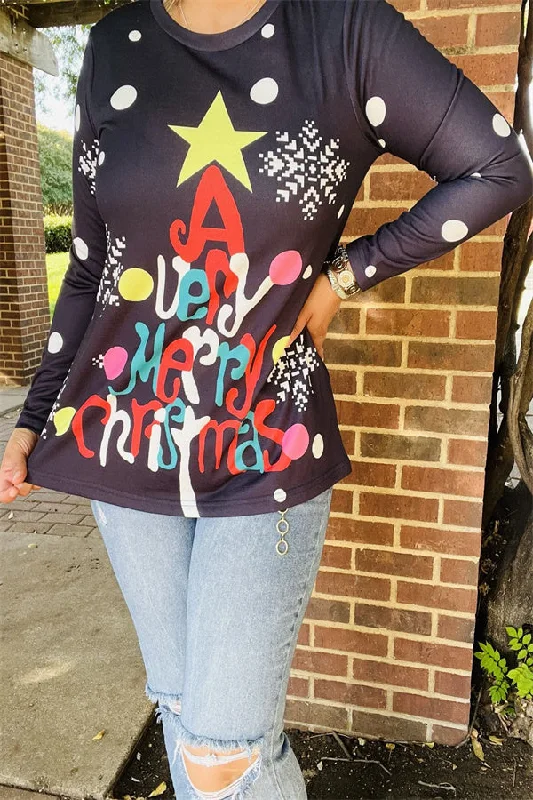 BQ15770"A Very Merry Christmas"multi color words printed for Christmas holiday w/dot long sleeve women black tops