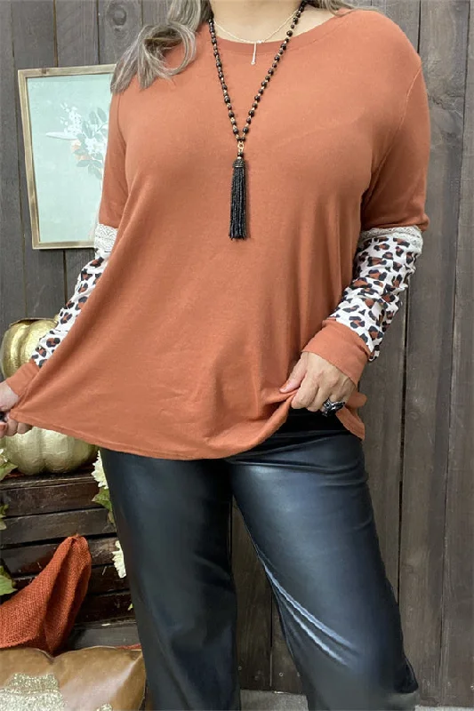 DLH15443 Brown women tops long sleeve/leopard printed&beige lace