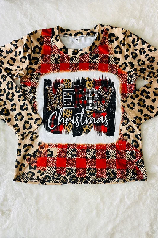 DLH2637 Kids "Merry Christmas‘’ Leopard &  Checkered long sleeve girls top