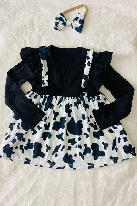 DLH2812 Wholesale fall clothing Knitted black cow print long sleeve girls top with headband