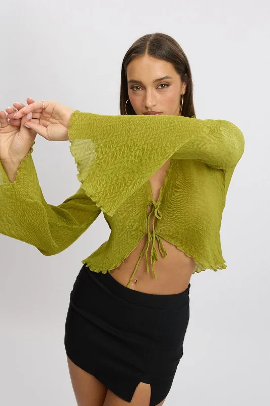 Green Tie Up Front Top Long Sleeve Textured