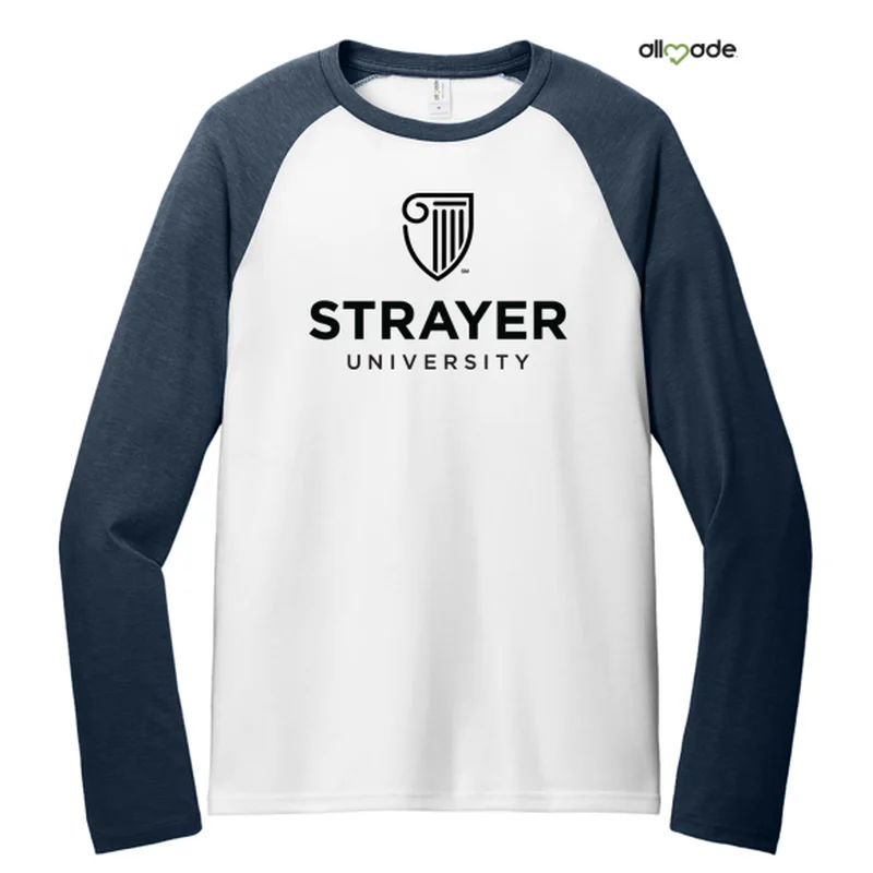 NEW STRAYER Allmade® Unisex Tri-Blend Long Sleeve Colorblock Raglan - Rebel Blue/ Bright White