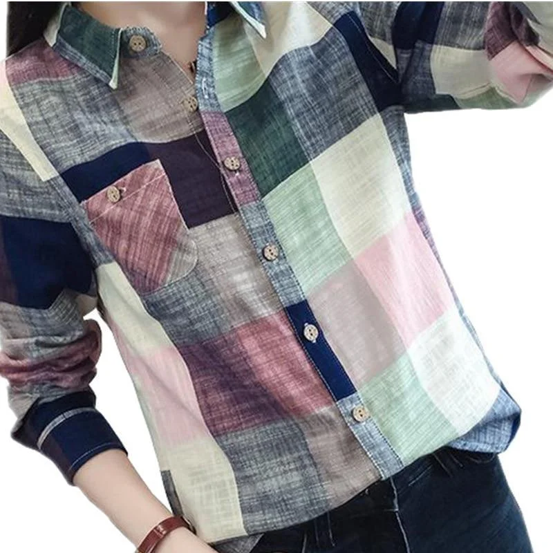 Plaid Kimono Vintage Linen Cotton Long Sleeve Blouse