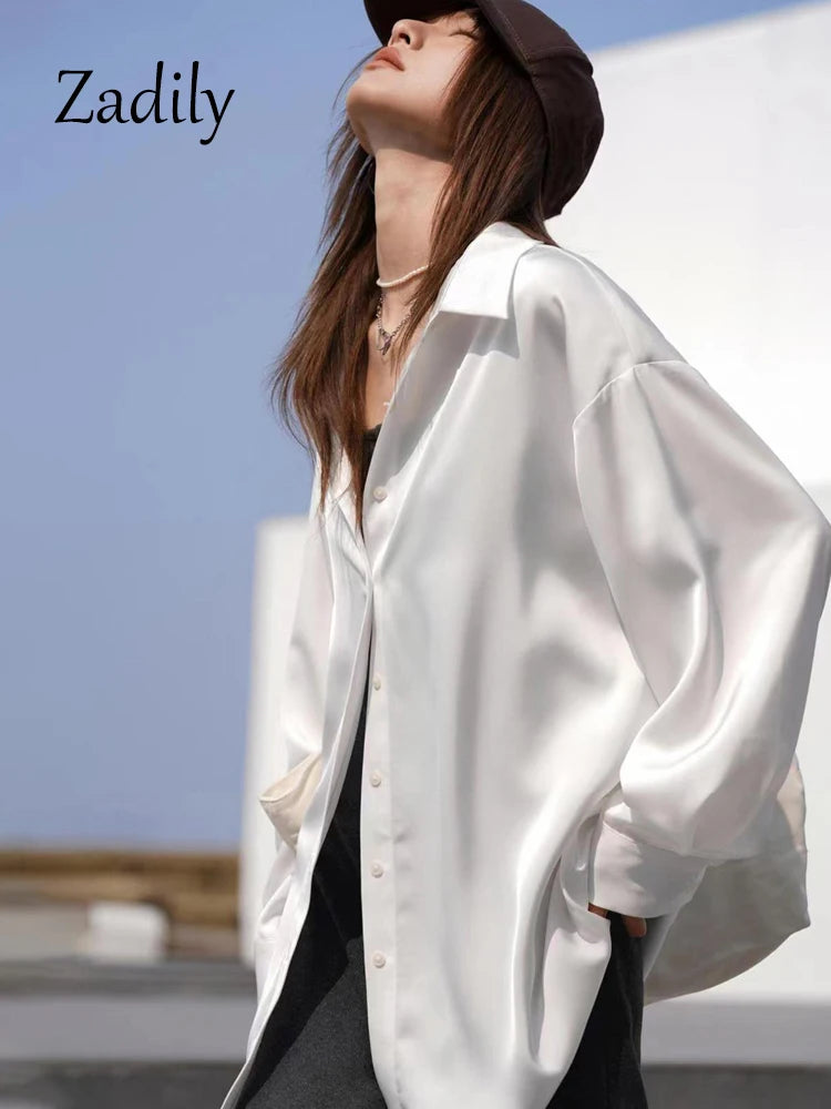 Satin White Button Up Long Sleeve Blouse