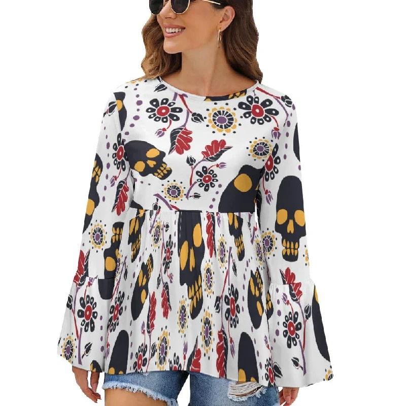 Skulls Brown Floral Long Sleeve Loose Women's Blouse