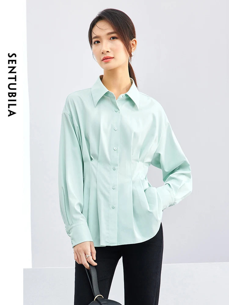 Solid Comfort Loose High Waist Button Up Long Sleeve Blouse