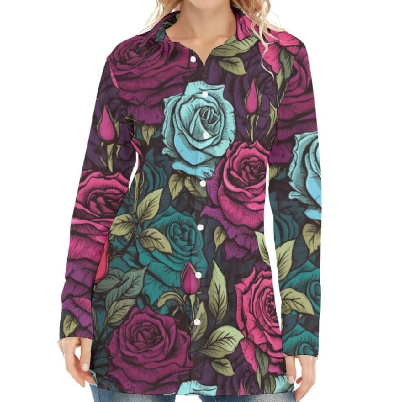 Women's Gothic Pink Blue Floral Long SLeeve Long Blouse