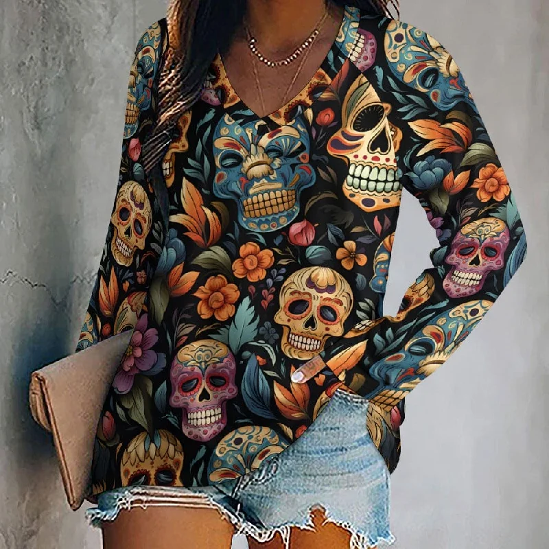 Women's Laughing Skulls Floral Long sleeve Loose Top