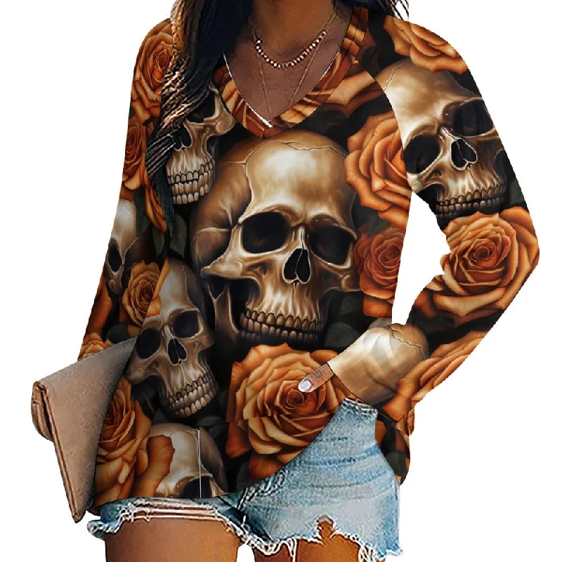 Women's Orange Flowers Skulls Long Sleeve Loose Top