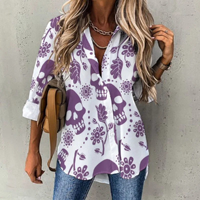 Women's Purple Skull Floral Long Sleeve Blouse