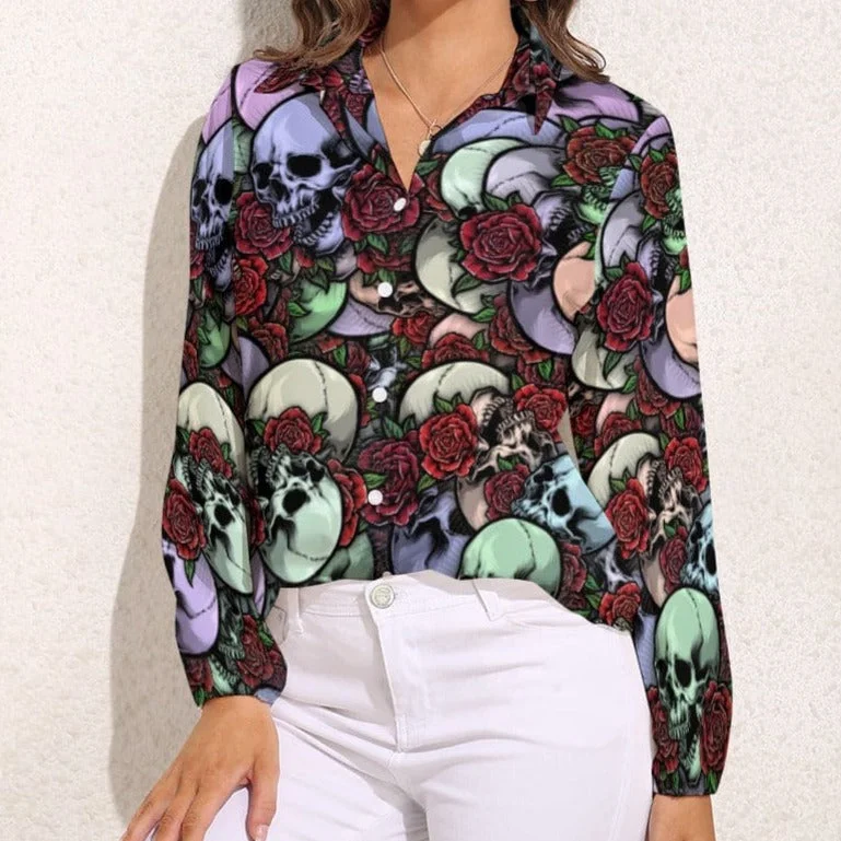 Women's Skull & Red Roses Vintage Casual Long Sleeve Blouse