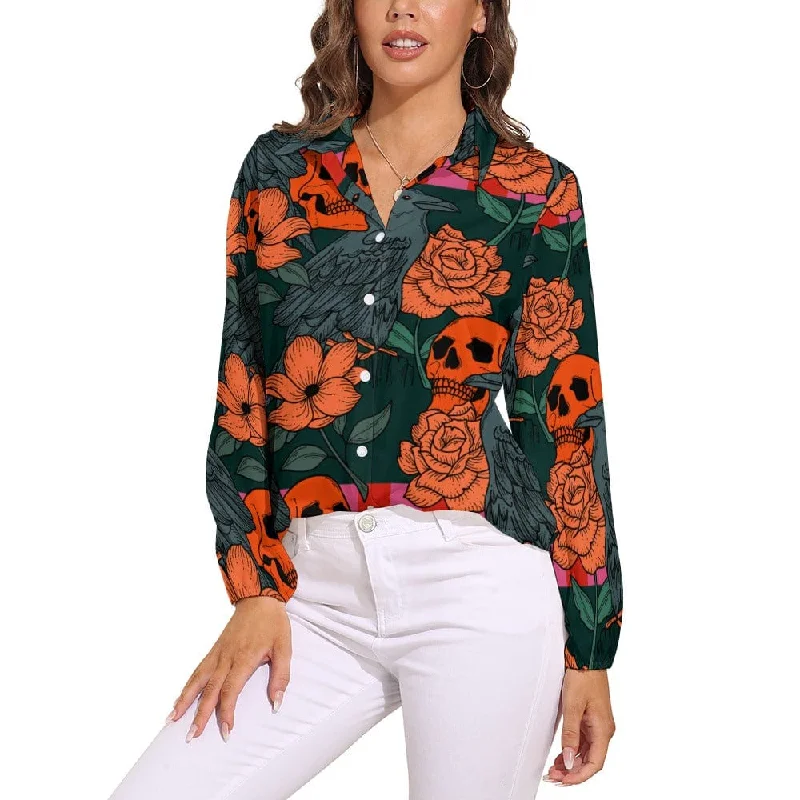 Women's Vintage Orange Skulls Floral Casual Long Sleeve Blouse