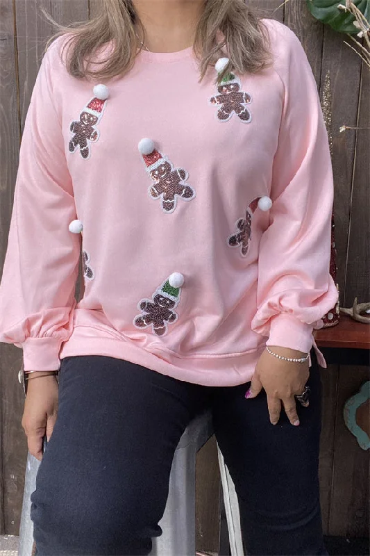 XCH15220 Santa Claus sequin patch in the baby pink bottom side split long sleeve women blouse