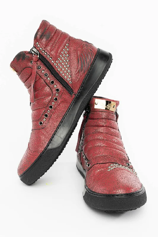 MENS MID TOP BIKER SHOES IN CRACKLED RED LEATHER WITH CRYSTALS AND STUDS  EMBELLISHMENT