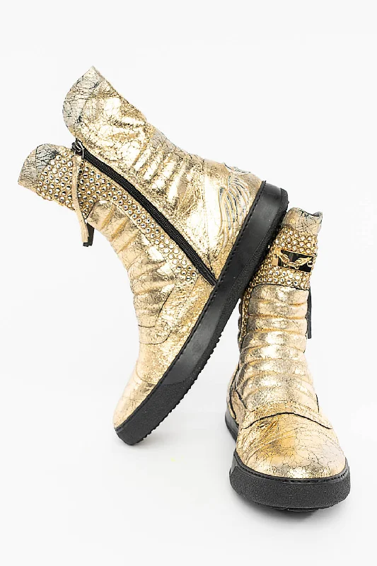 MENS HIGH TOP BIKER SHOES IN CRACKLED GOLD  LEATHER WITH CRYSTAL EMBELLISHMENT DEFINITION