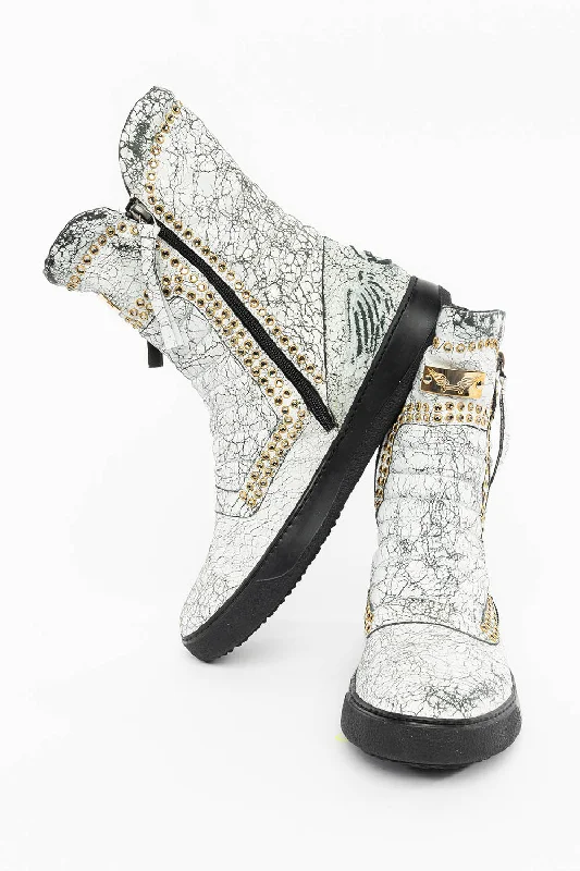 MENS HIGH TOP BIKER SHOES IN CRACKLED WHITE LEATHER WITH CRYSTAL EMBELLISHMENT DEFINITION