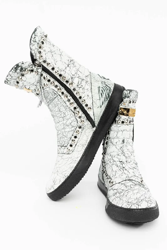 MENS HIGH TOP BIKER SHOES IN CRACKLED WHITE LEATHER WITH  CRYSTALS AND SPIKE EMBELLISHMENT