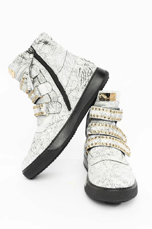 MENS HIGH TOP VELCRO  SHOES IN CRACKLED WHITE LEATHER WITH CRYSTAL EMBELLISHMENT