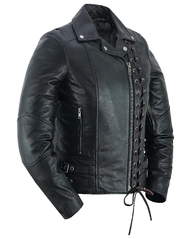 Black Pearl Women's Fashion Leather Jacket with Front Lace Accent