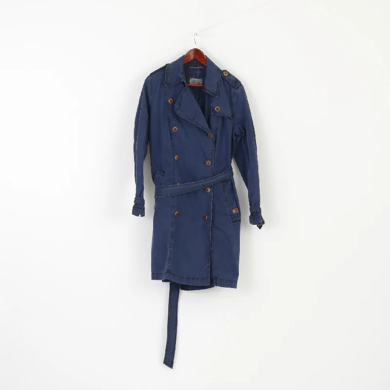 Camel Active Women 42 L Coat Navy Cotton Vintage Trench Belted Classic Top