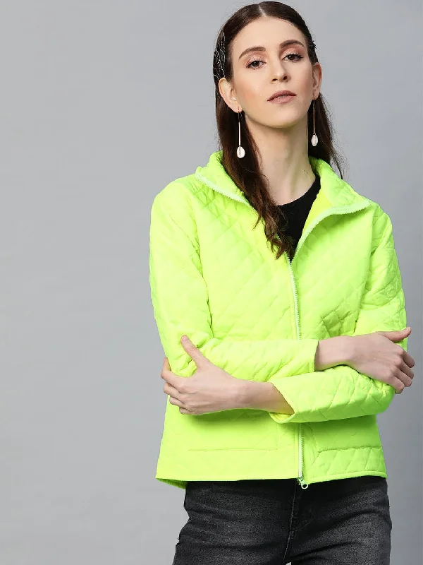 Neon Green Flap Pockets Quilted Puffer Jacket