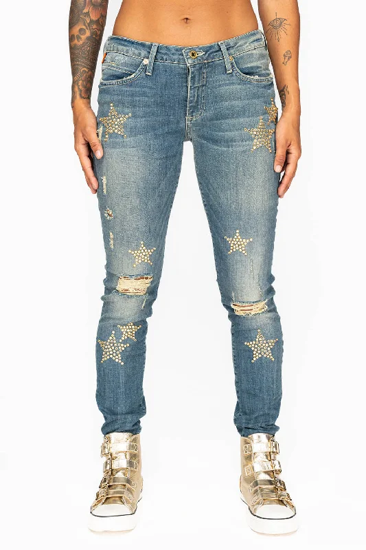 MIDRISE WOMENS SKINNY JEANS IN RIPPED BLUE WASH WITH CLEAR CRYSTAL STARS