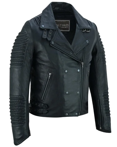 SHADOW QUEEN WOMEN’S BLACK FASHION LEATHER JACKET WITH RIBBED ACCENTS