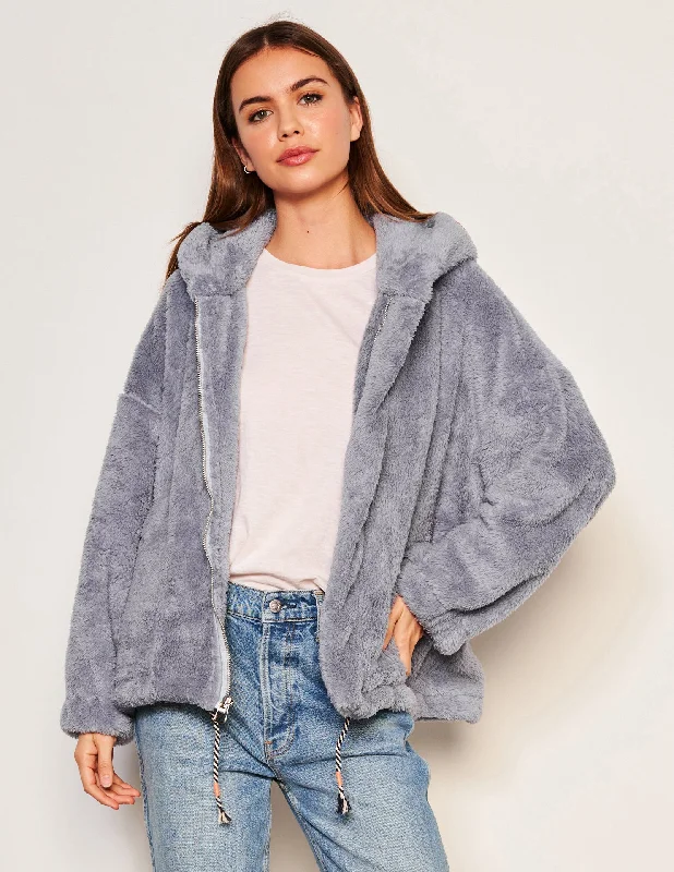 Sundry Sherpa Hooded Coat in Blue Linen