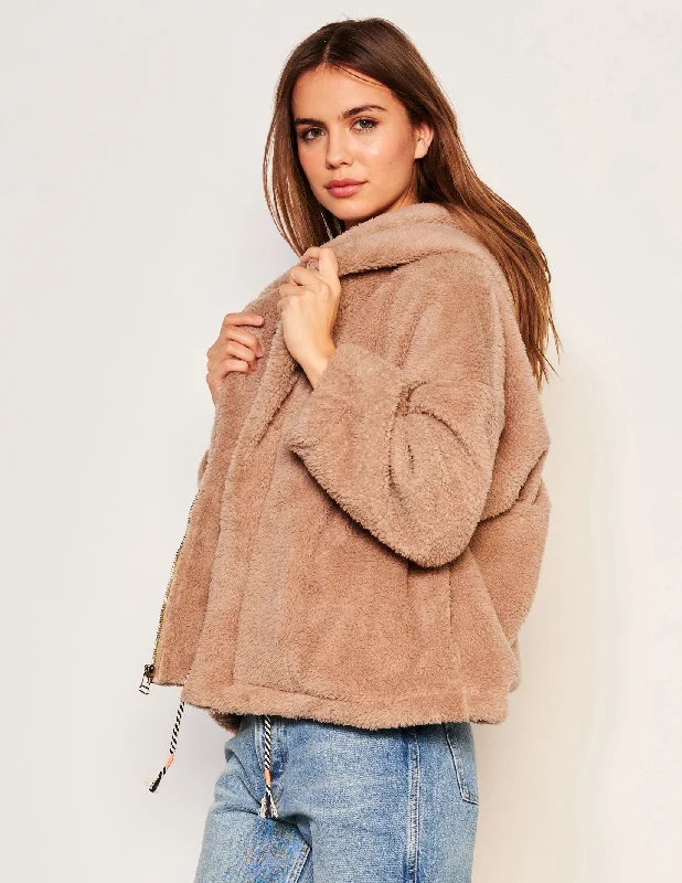 Sundry Sherpa Hooded Coat in Taupe