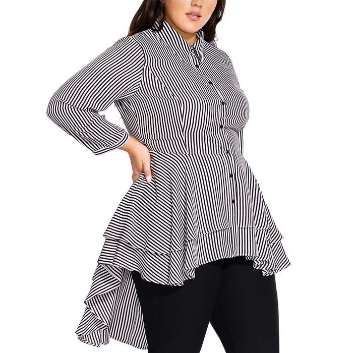 City Chic Women's Plus Striped High Low Hem Shirt Black Size XS