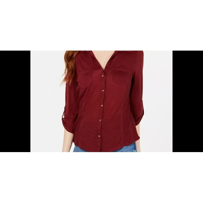 Crave Fame Juniors' Roll-Sleeve Button-Front Shirt Red Size Large