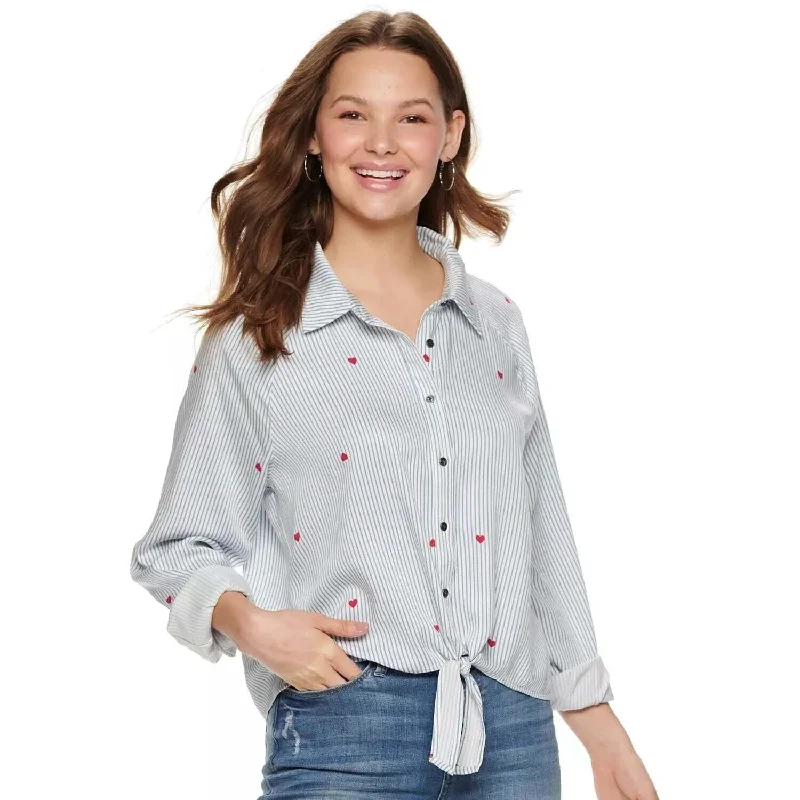 Love; Fire Junior's Long Sleeve Knotted Front Button Down Shirt Blue Size X-Small